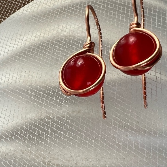 Red Jade and Copper Wire Wrapped Minimalist Earrings - Picture 4 of 13